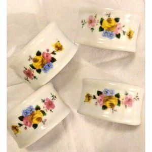 4 Porcelain Napkin Rings White with  Pink Yellow Purple Flowers Vintage